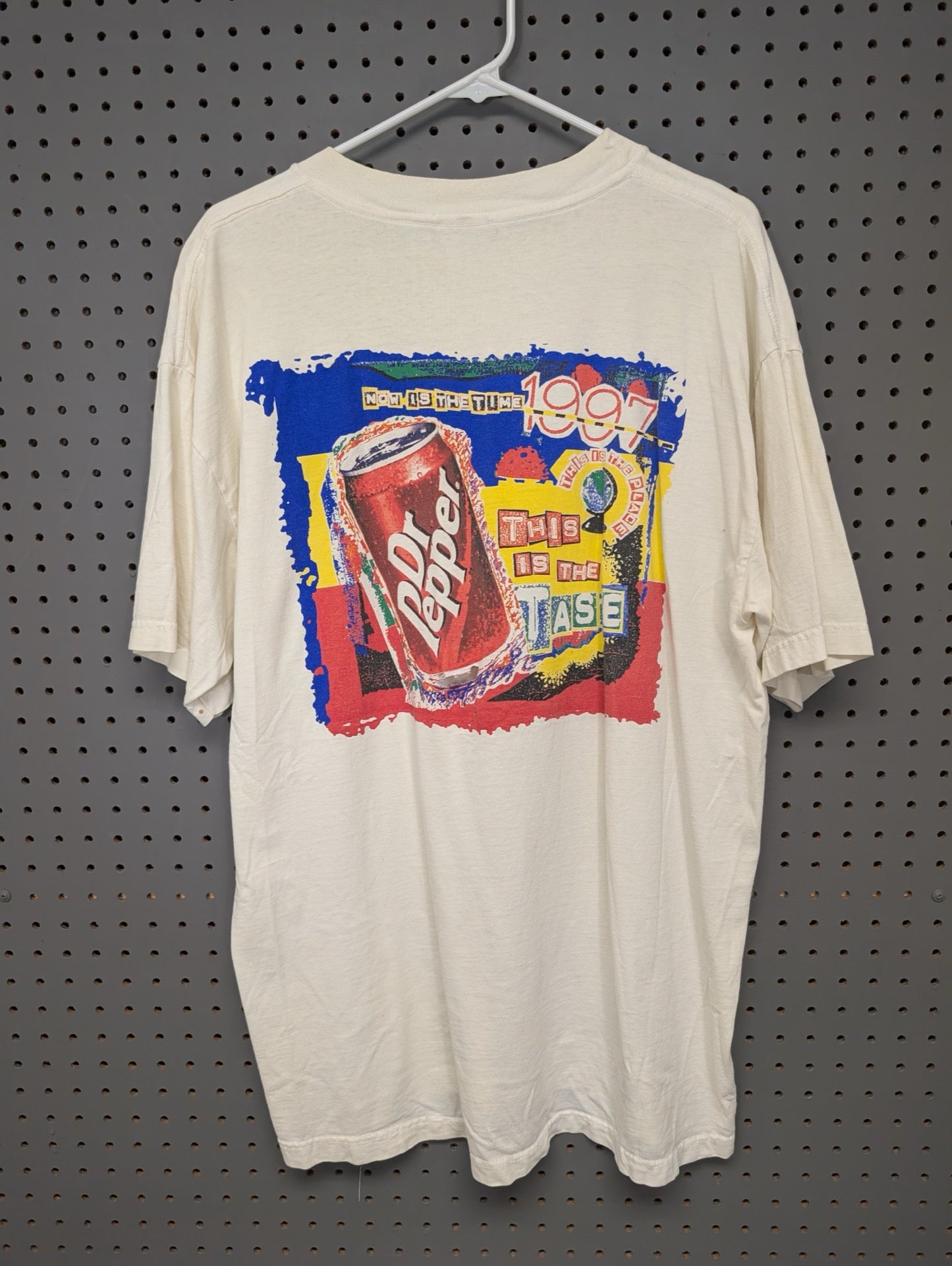 Back view of vintage 1997 Dr Pepper colorful graphic t-shirt
