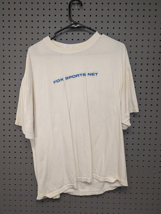 Front view of white Fox Sports Net promo t-shirt