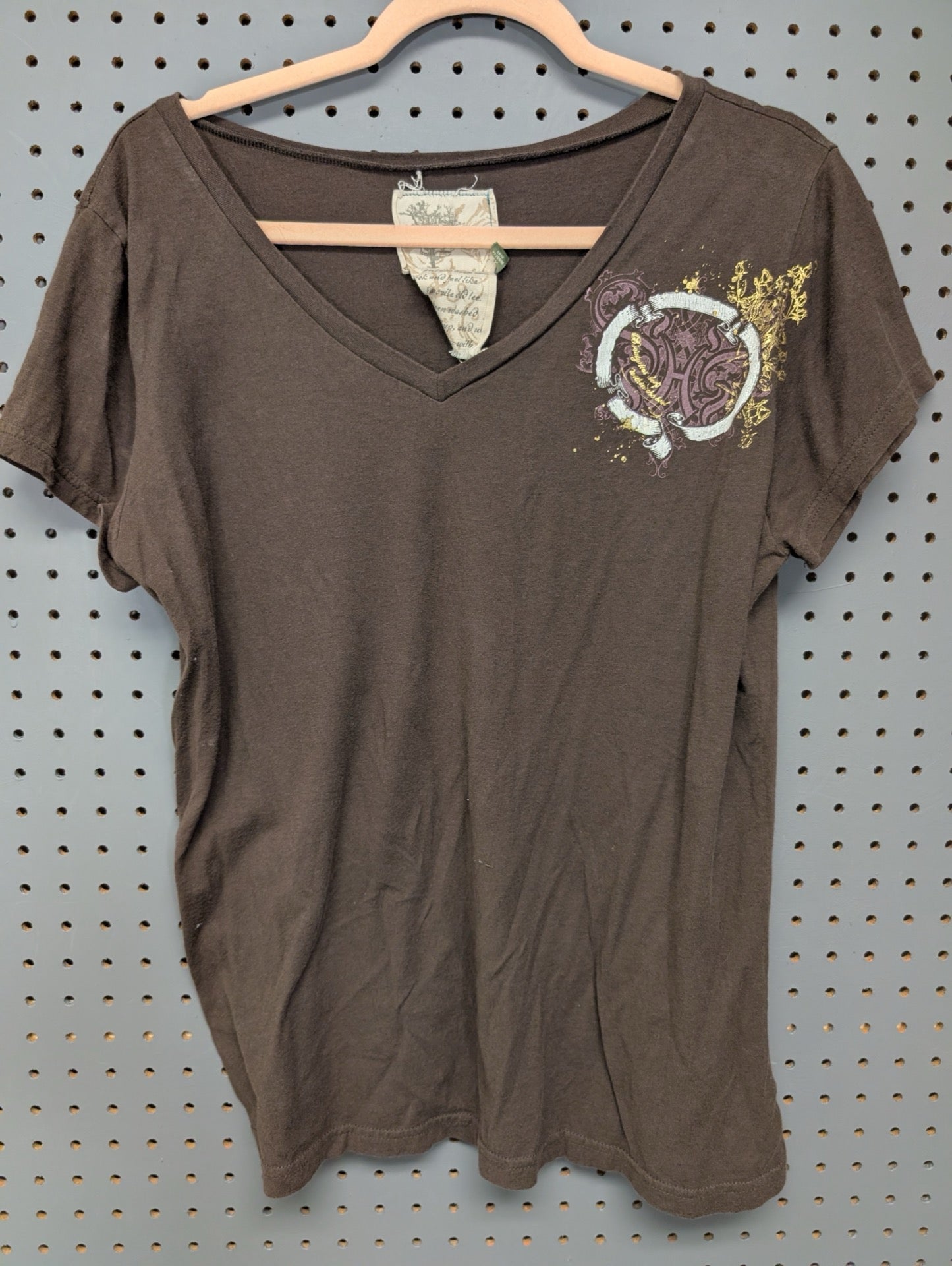 Front view of brown Old Navy v-neck graphic t-shirt