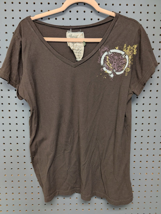 Front view of brown Old Navy v-neck graphic t-shirt