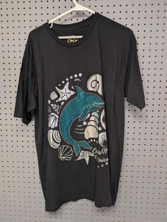 Front of black Costa Maya t-shirt with rhinestone dolphin
