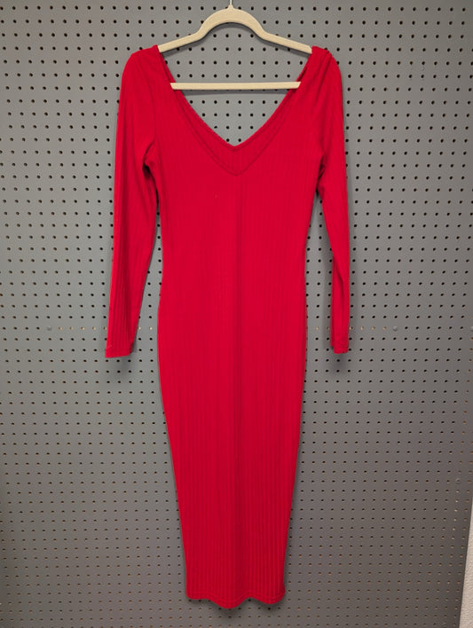 Front view of red long sleeve ribbed bodycon dress