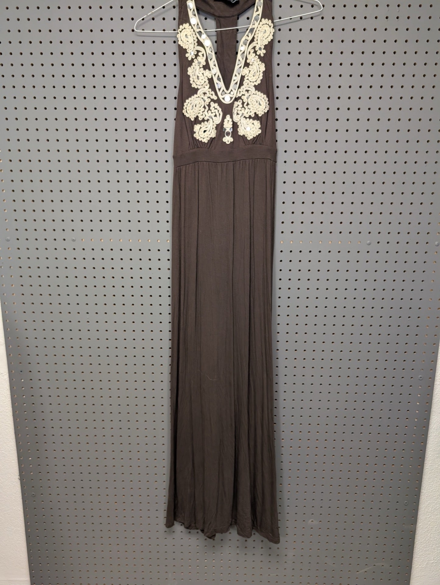 Front view of INC brown embroidered maxi dress