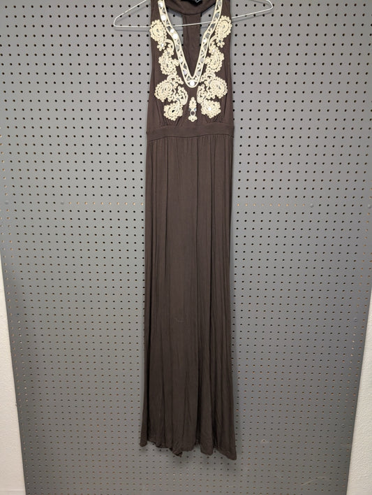 Front view of INC brown embroidered maxi dress