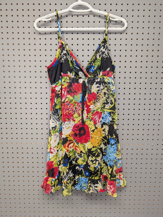 Front view of Derek Heart bright floral mini dress