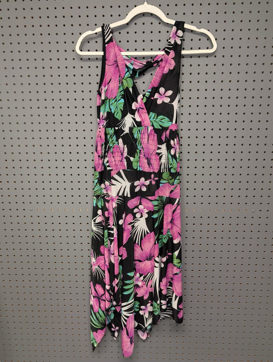 Front view of tropical floral smocked dress