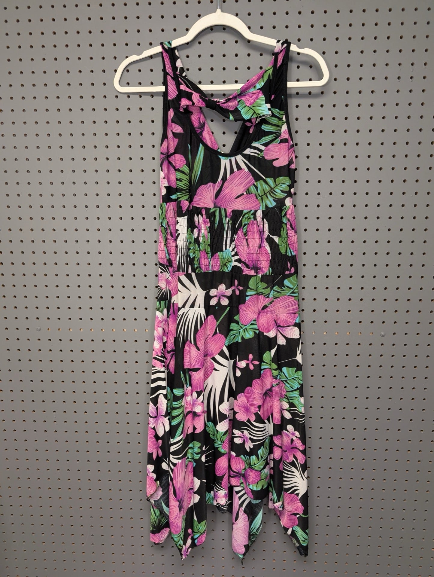 Back view of tropical floral dress showing tie