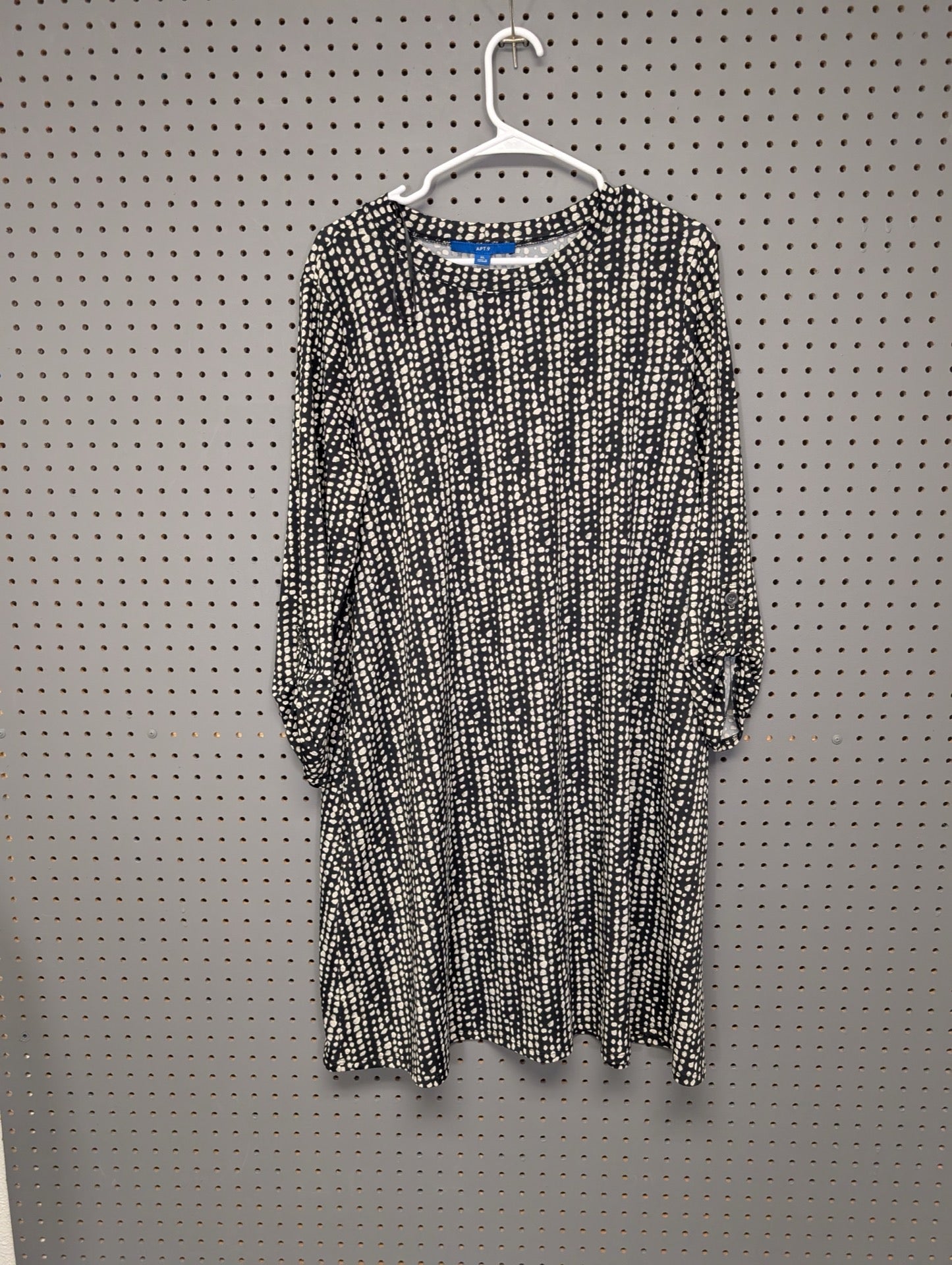 Front view of Apt 9 black and white dotted dress