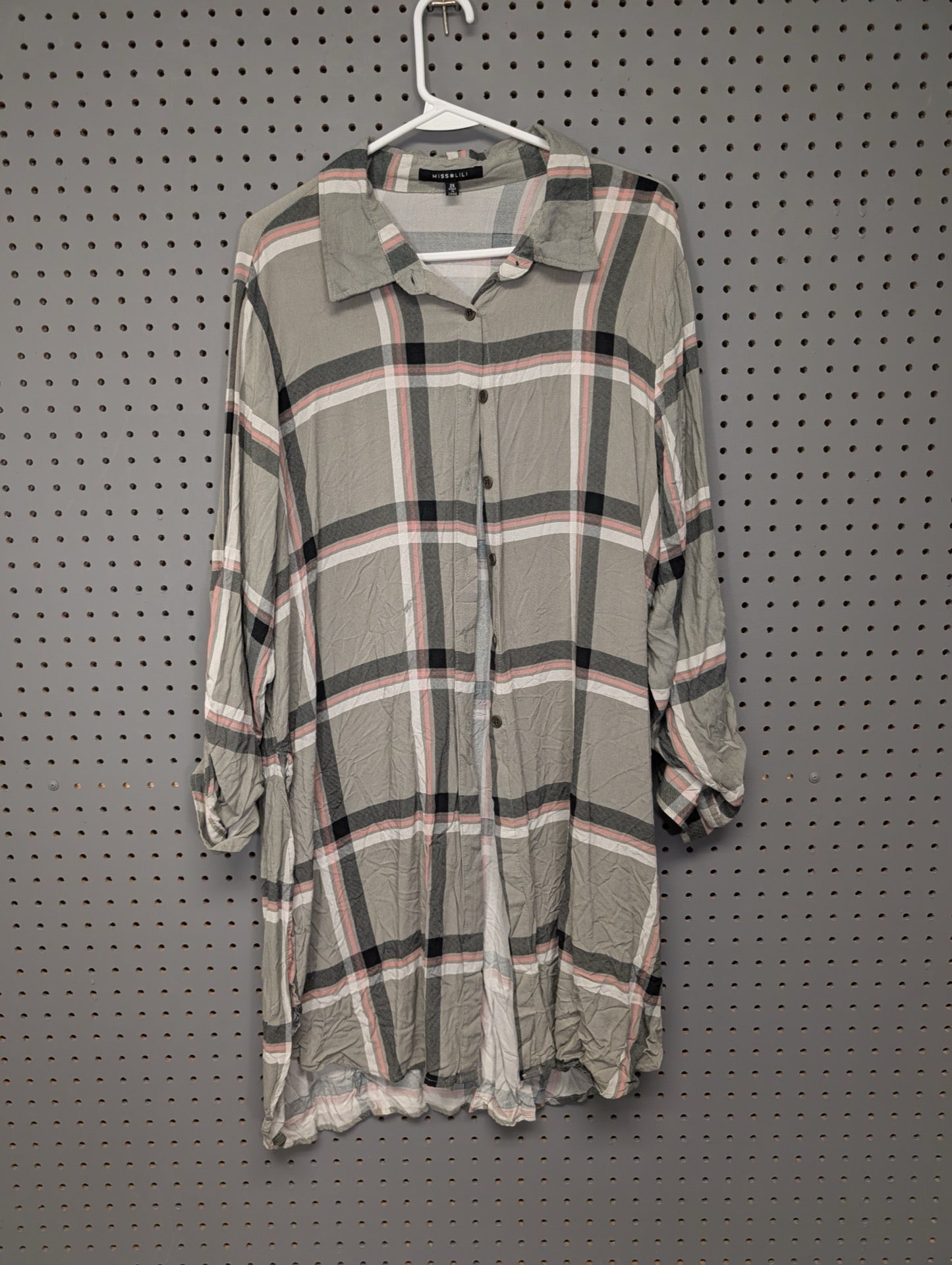 Front view of Miss Lili grey plaid tunic
