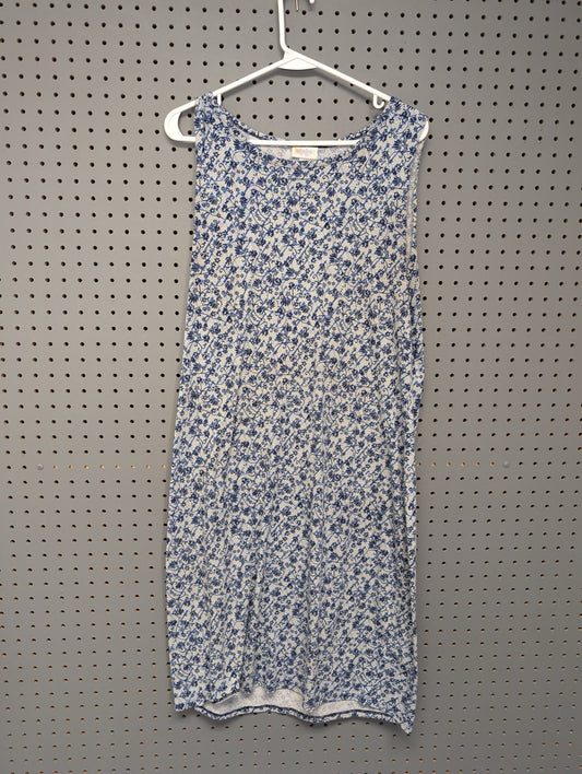 Front view of LuLaRoe blue and white shift dress