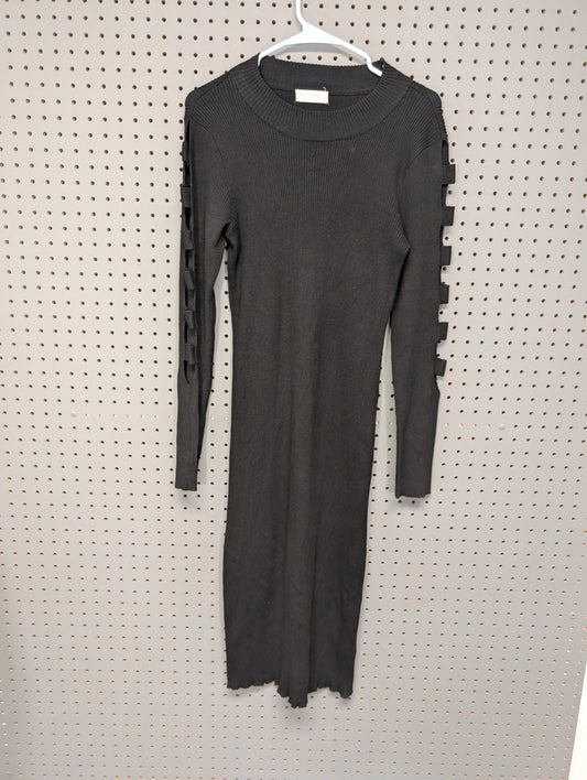 Front view of Love Always black ribbed dress with cutout sleeves