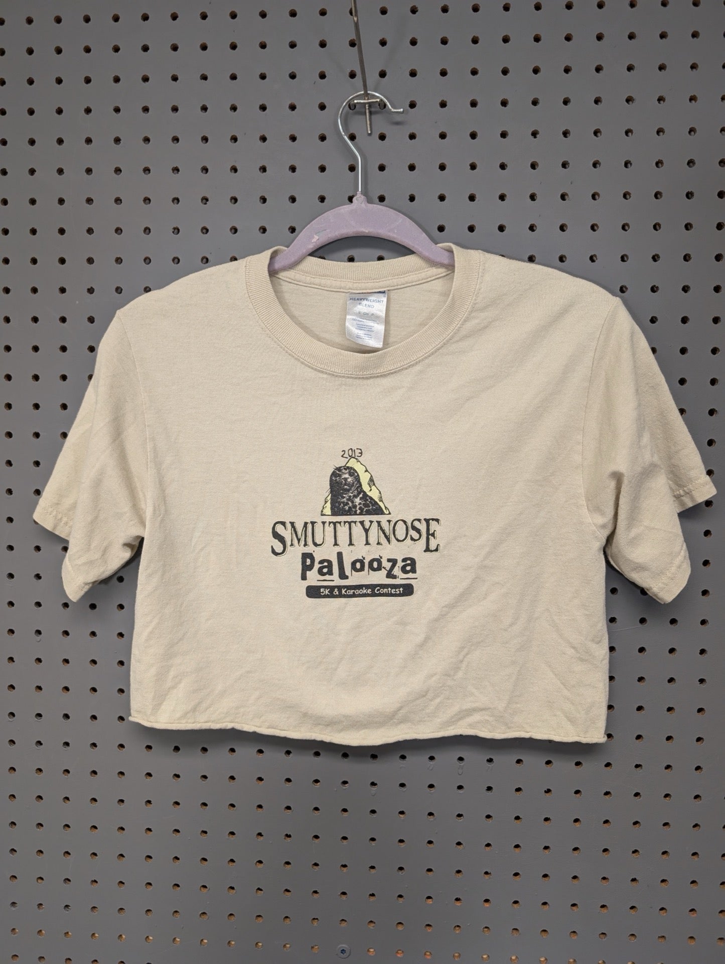 Front of beige Smuttynose Palooza 2013 crop top