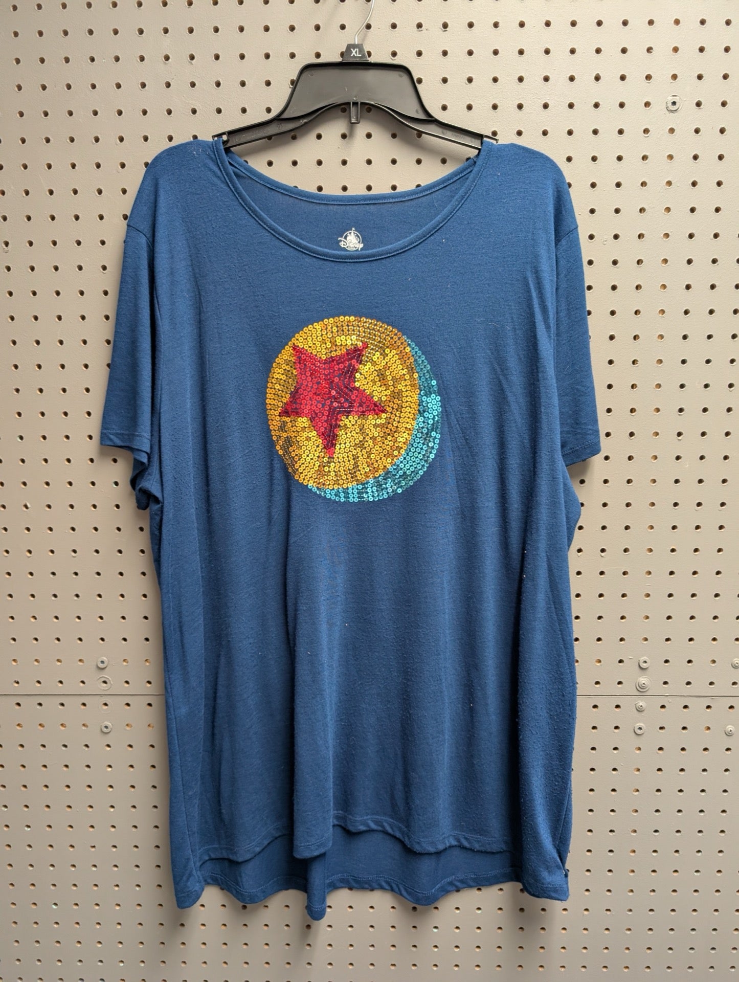 Front view of blue sequin Pixar Luxo ball t-shirt