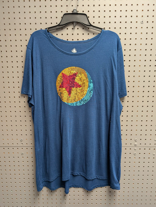 Front view of blue sequin Pixar Luxo ball t-shirt