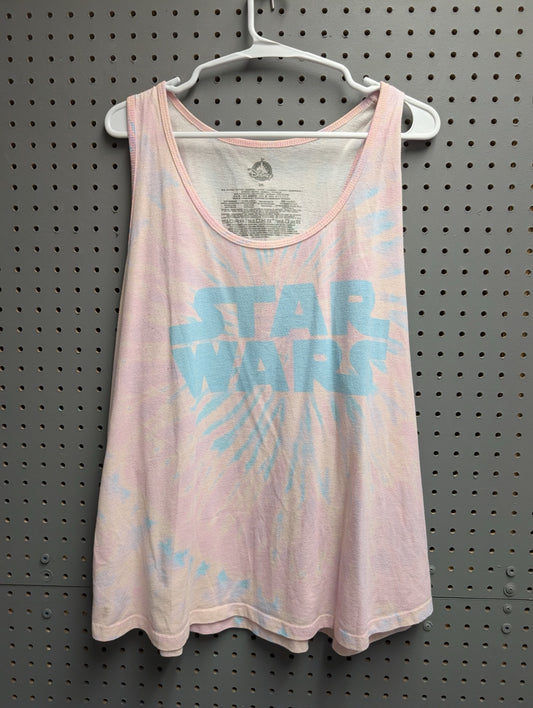 Front view of pink and blue tie-dye Star Wars tank top