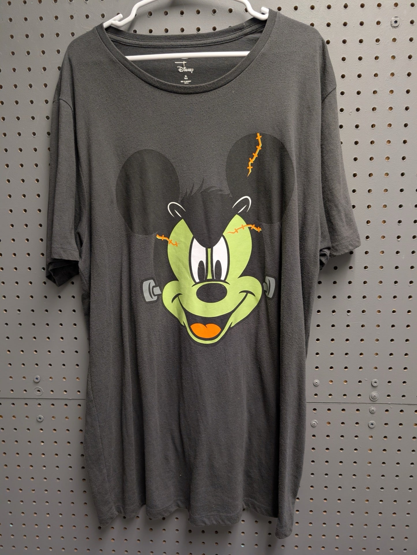 Front view of charcoal grey Mickey Frankenstein Halloween t-shirt