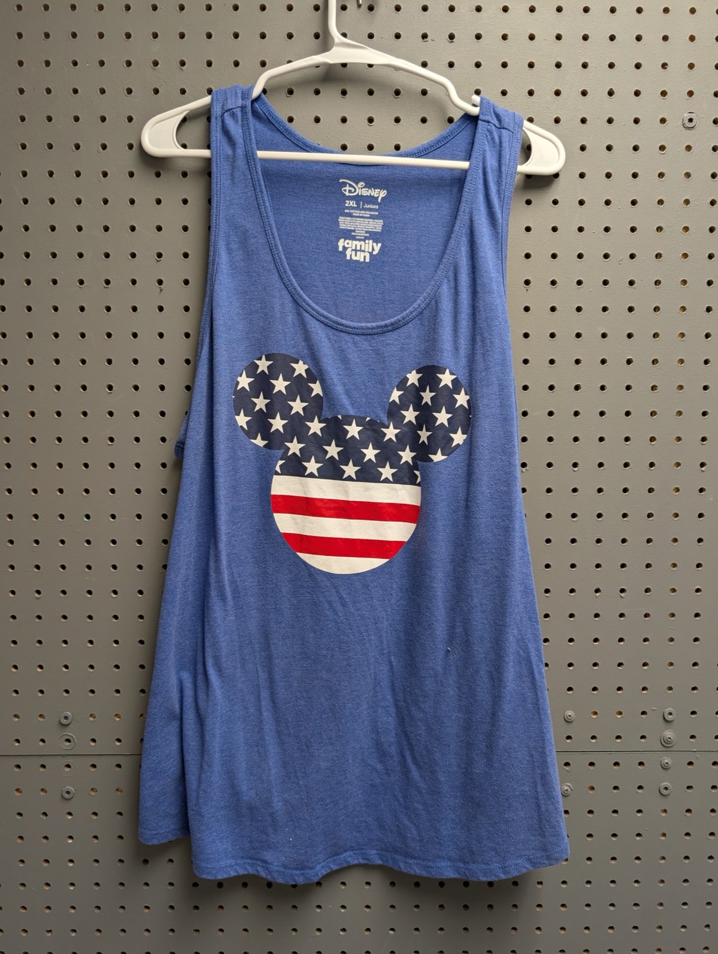 Front view of blue tank top with American flag Mickey Mouse graphic