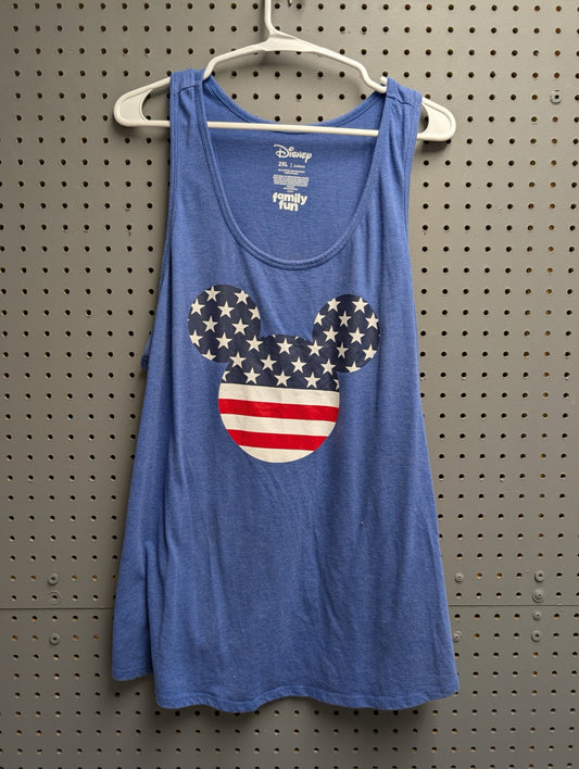 Front view of blue tank top with American flag Mickey Mouse graphic