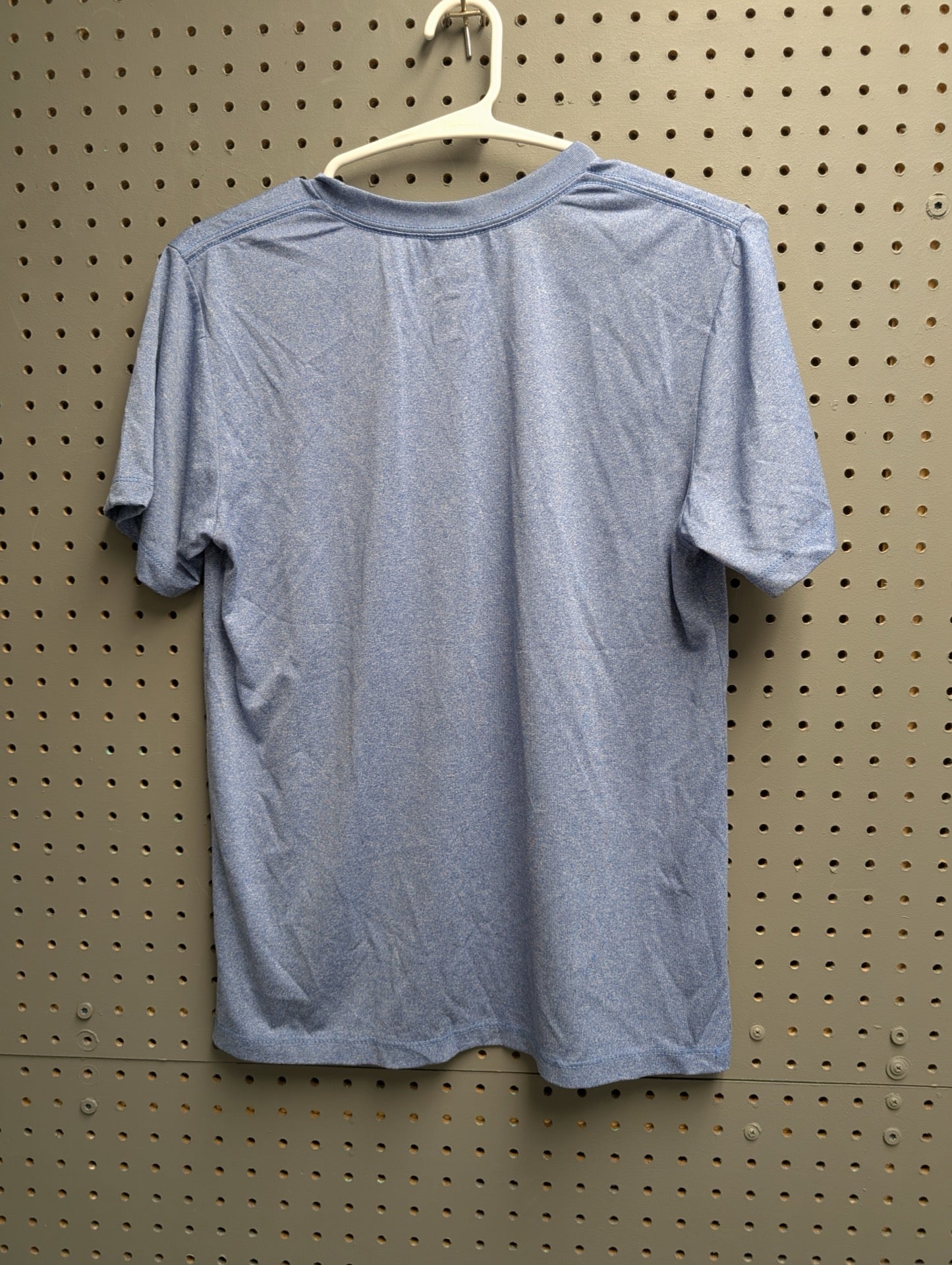 Back view of blue heather t-shirt