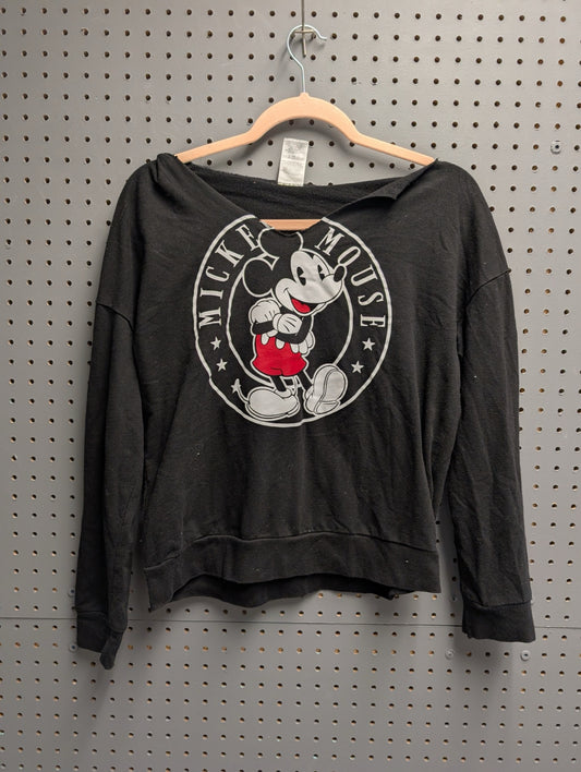 Front view of black Mickey Mouse raw hem hoodie