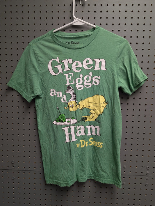 Front view of green Dr. Seuss Green Eggs and Ham t-shirt