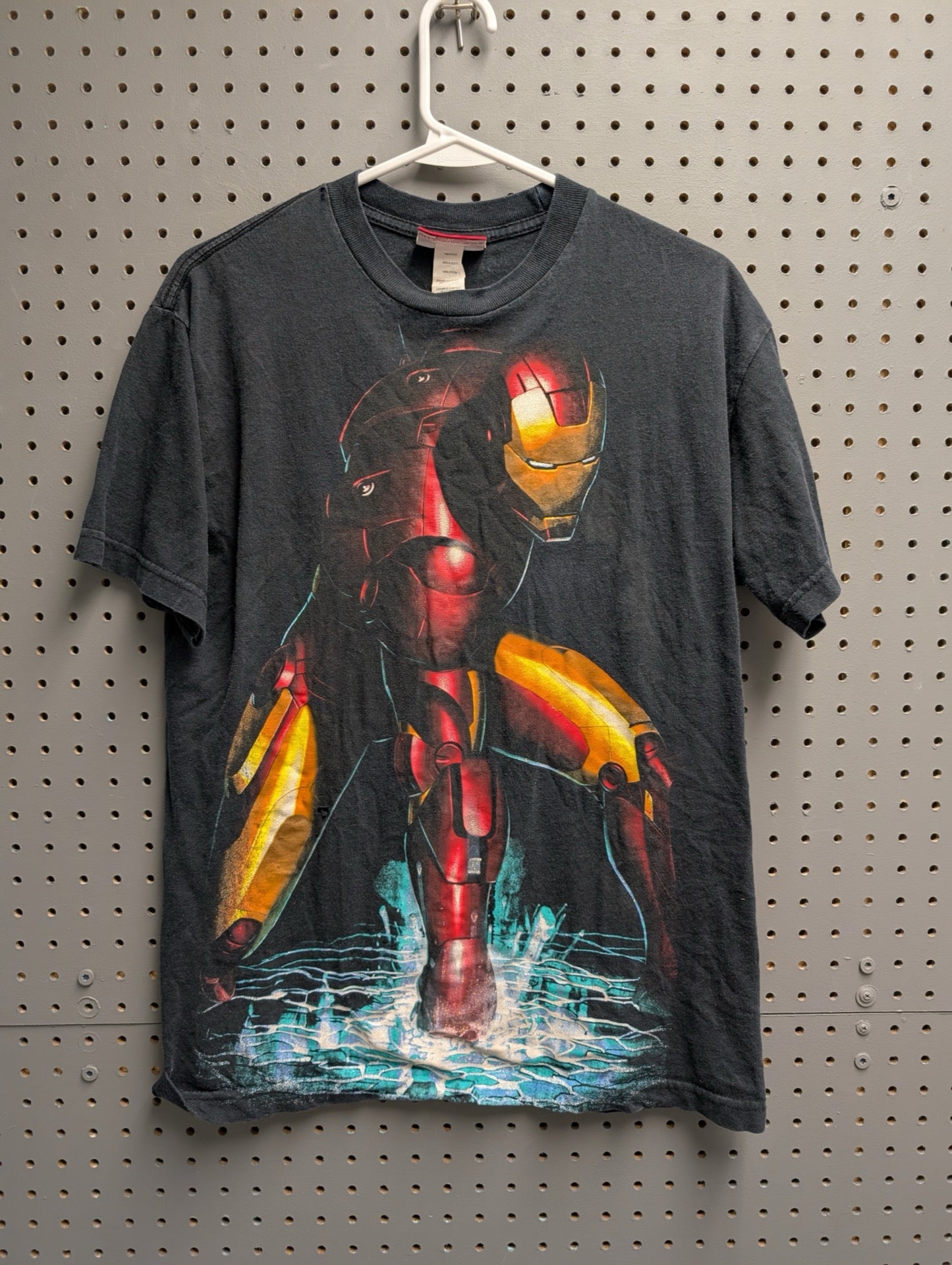 Front view of faded black Iron Man graphic t-shirt