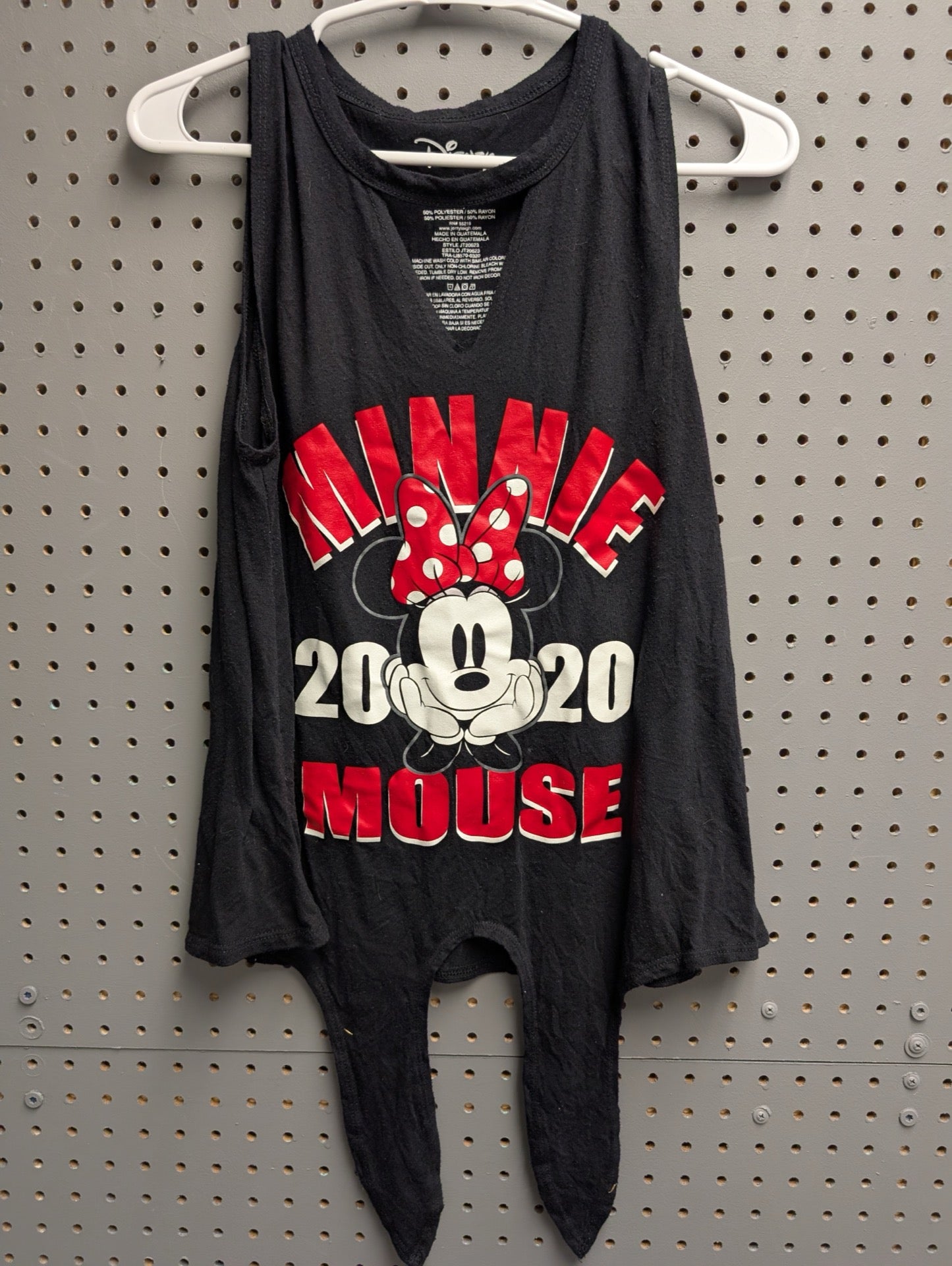 Front view of black Minnie Mouse 2020 tie-front tank top