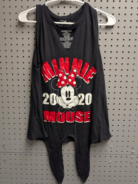 Front view of black Minnie Mouse 2020 tie-front tank top