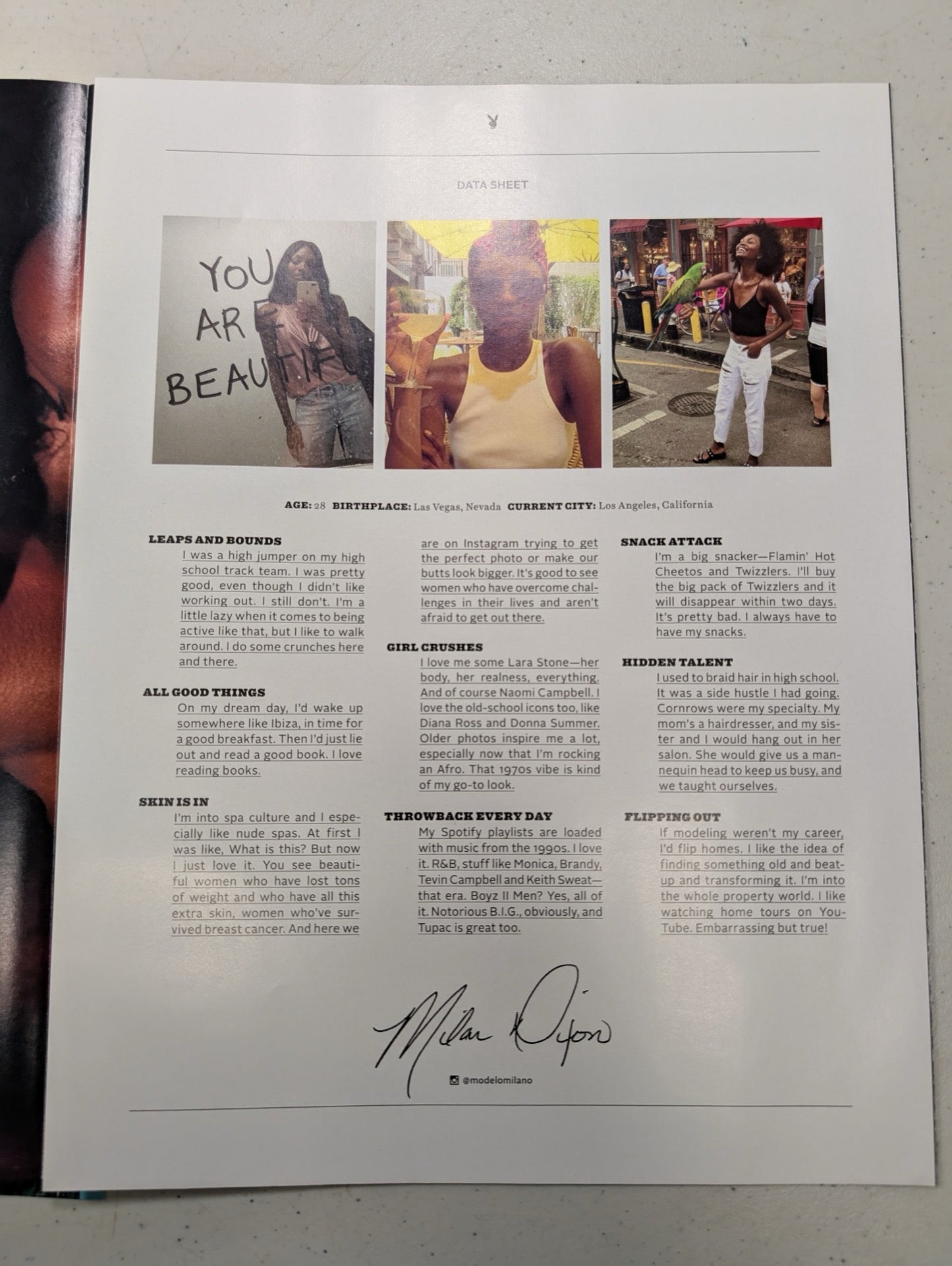 Inside data sheet page for Milan Dixon