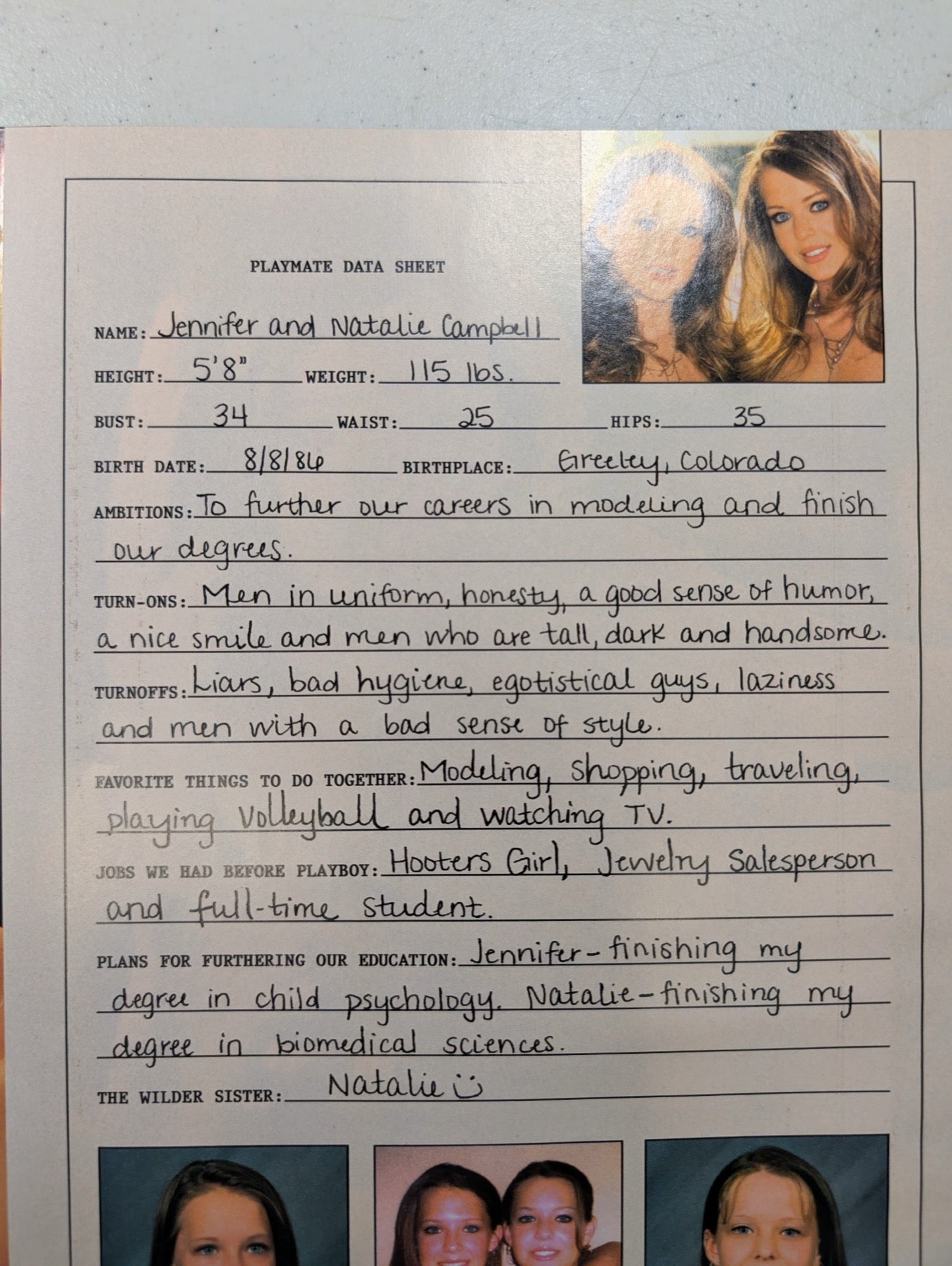Inside data sheet page for Jennifer and Natalie Campbell