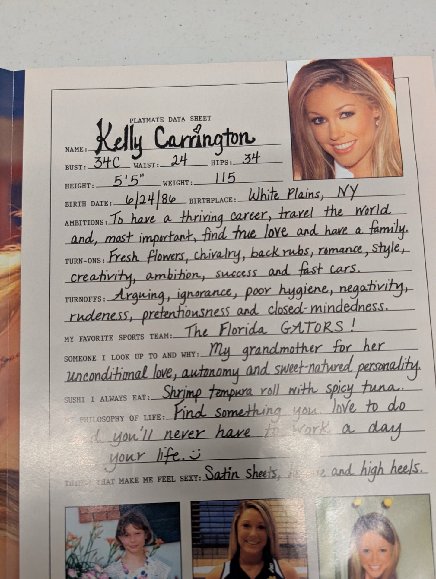 Inside data sheet for Kelly Carrington Playboy October 2008