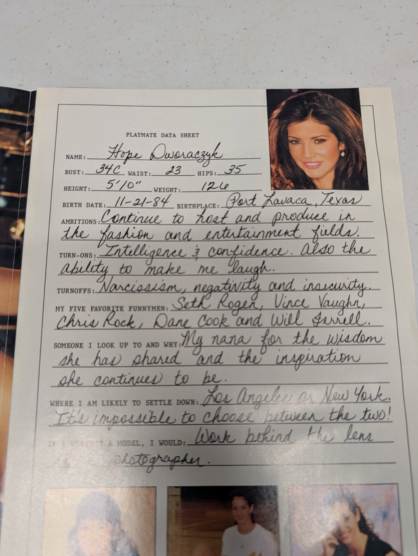 Inside data sheet for Hope Dworaczyk Playboy April 2009