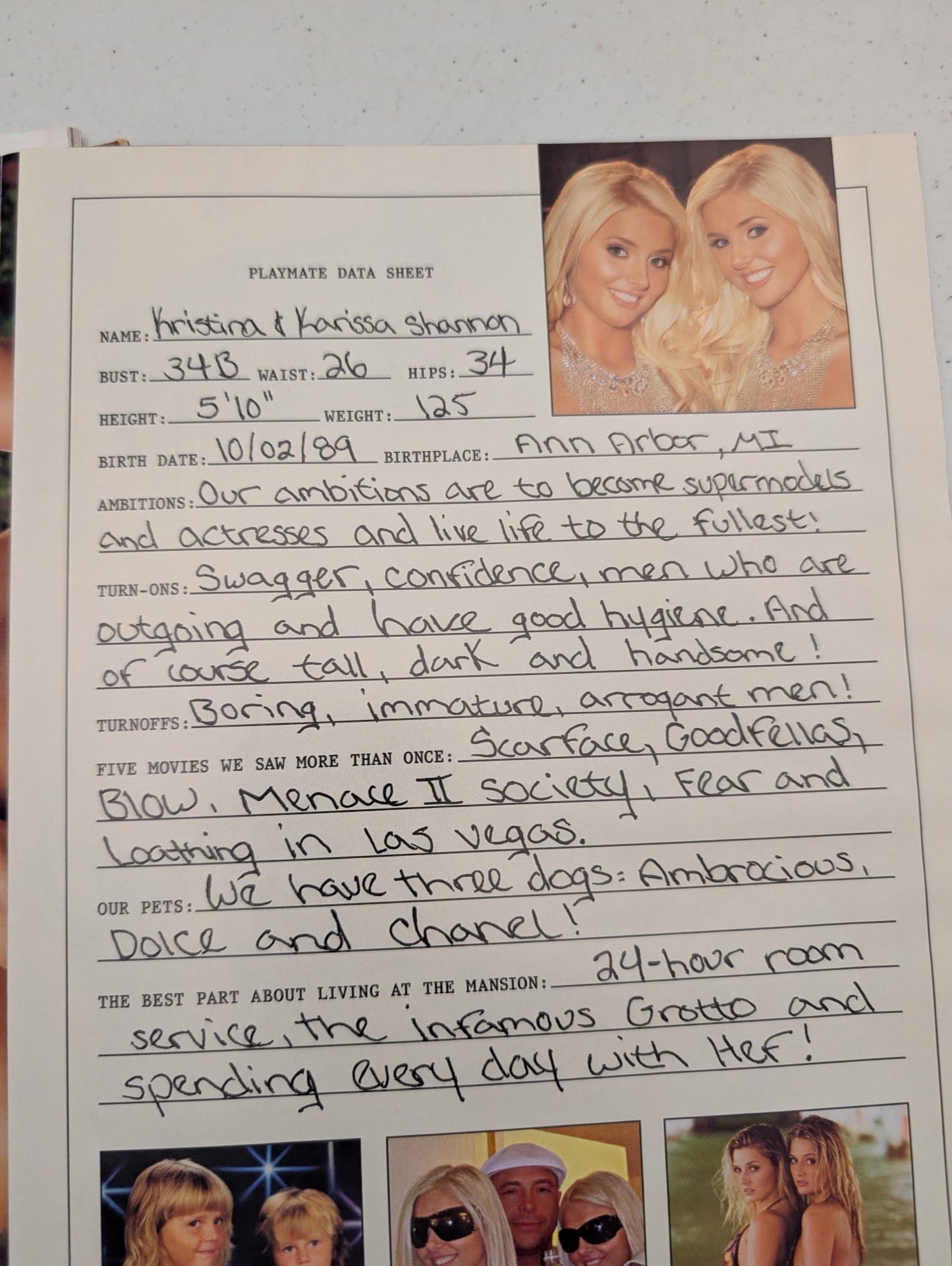 Inside Kristina and Karissa Shannon data sheet Playboy 2009