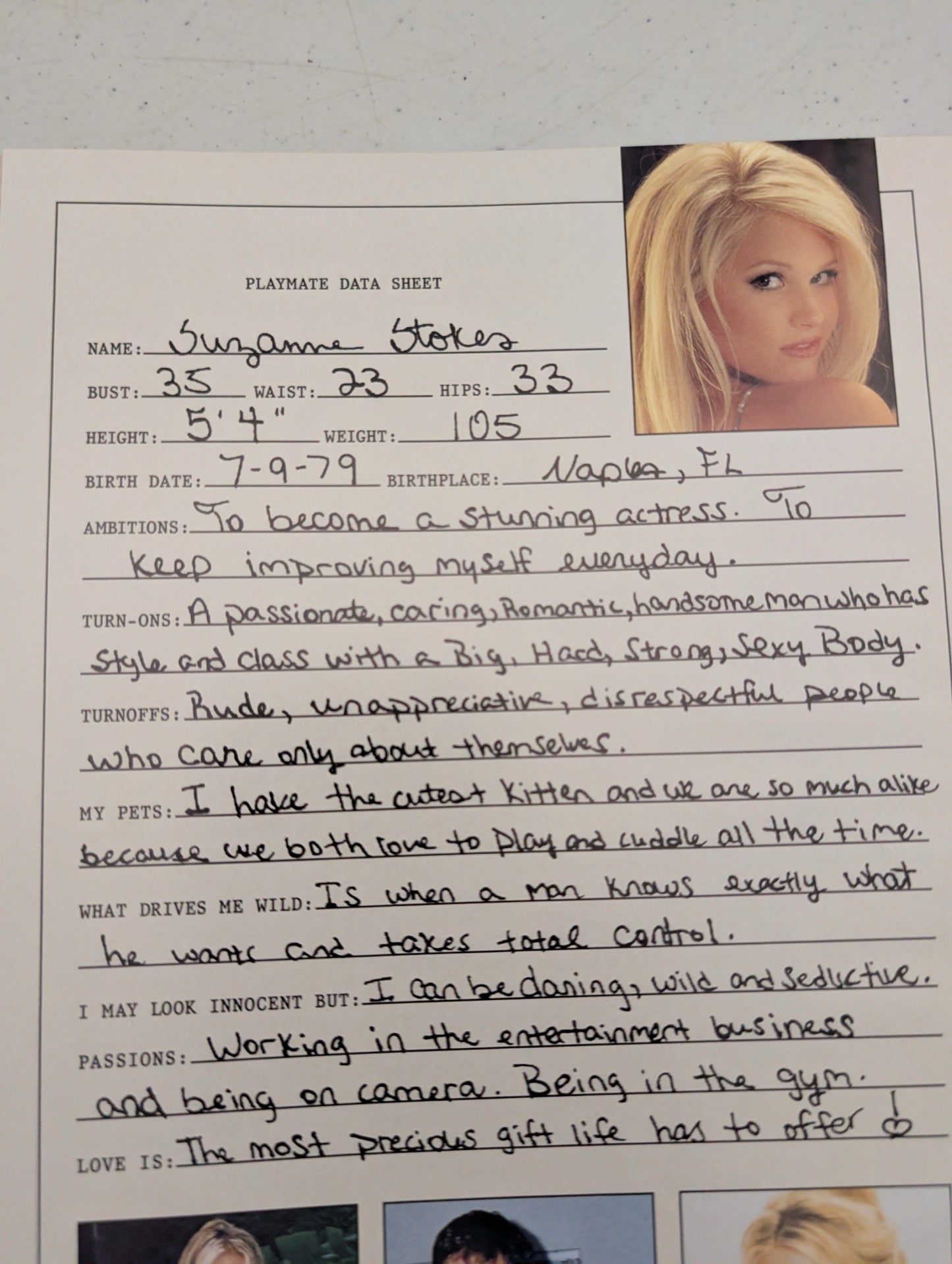 Inside Suzanne Stokes data sheet Playboy Feb 2000