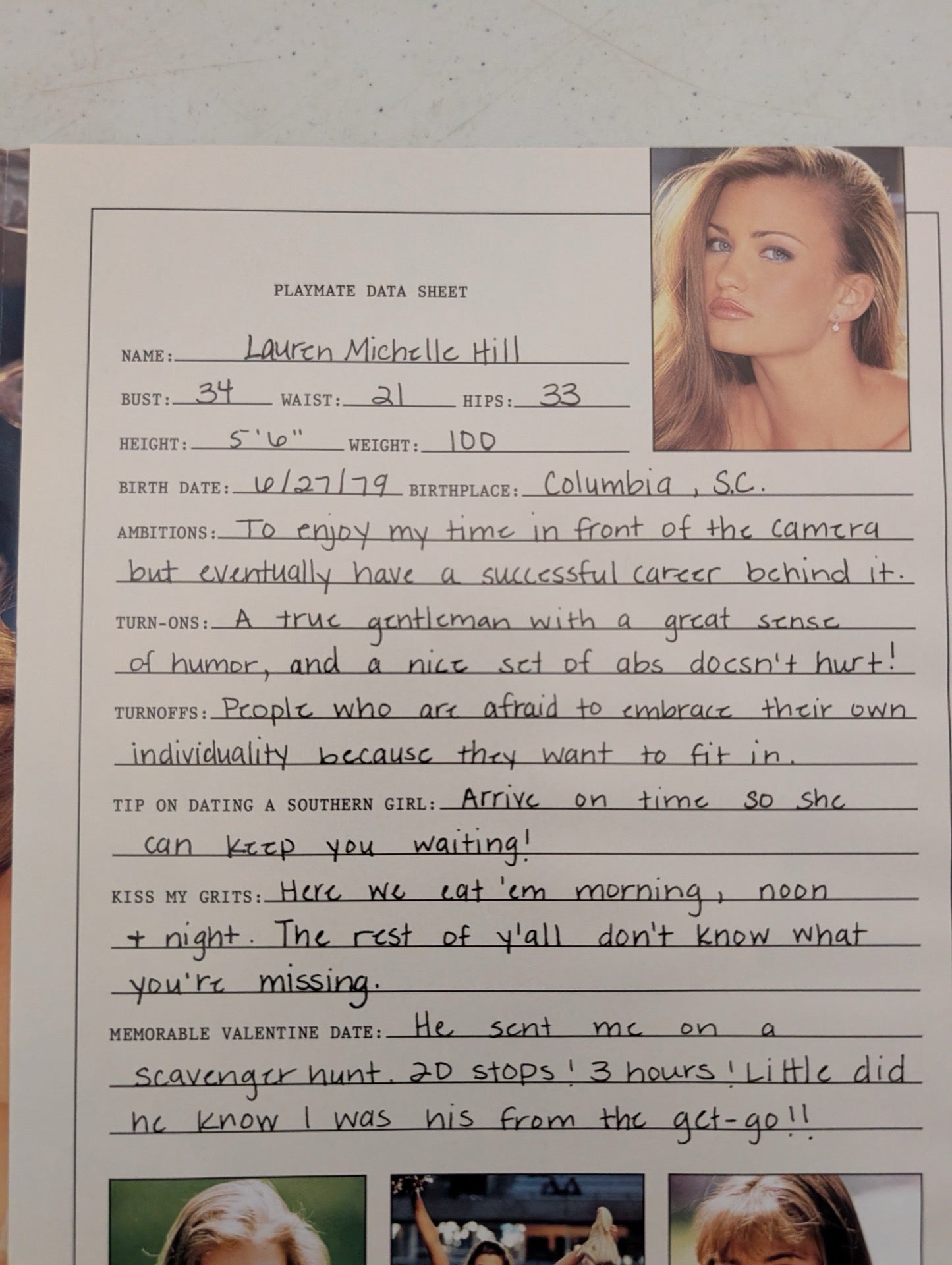 Playboy Magazine February 2001 Lauren Michelle Hill Data Sheet