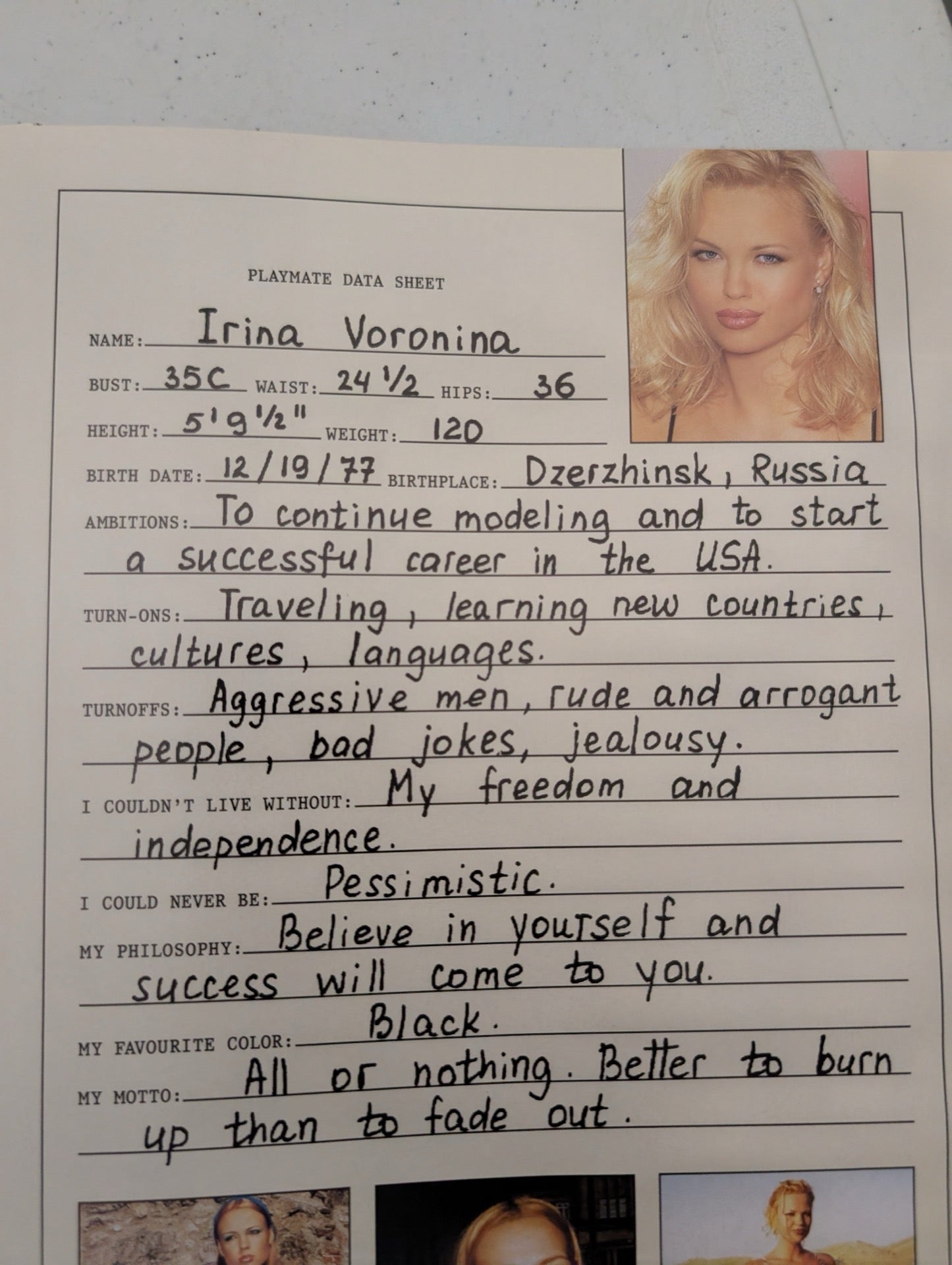 Playboy Magazine January 2001 Irina Voronina Data Sheet