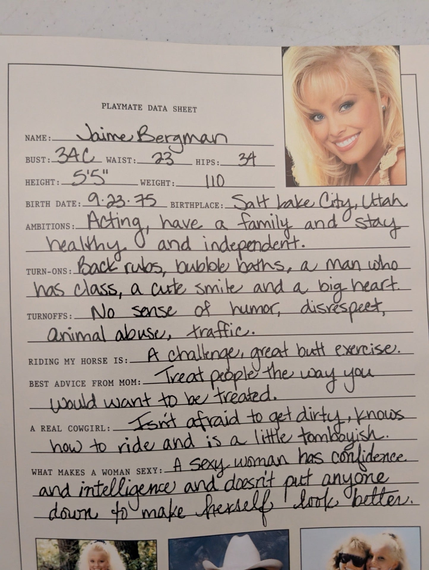 Jaime Bergman Playmate data sheet