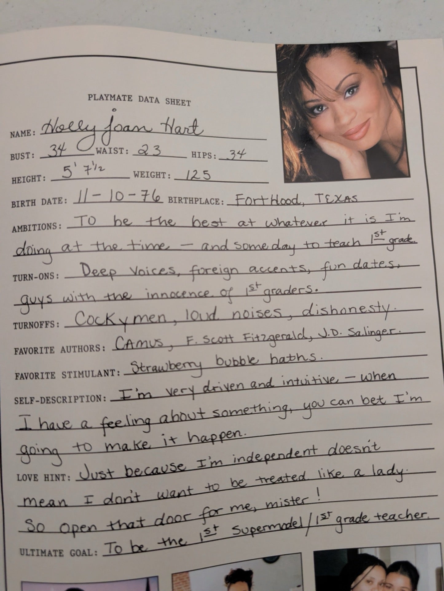 Playmate data sheet for Holly Joan Hart