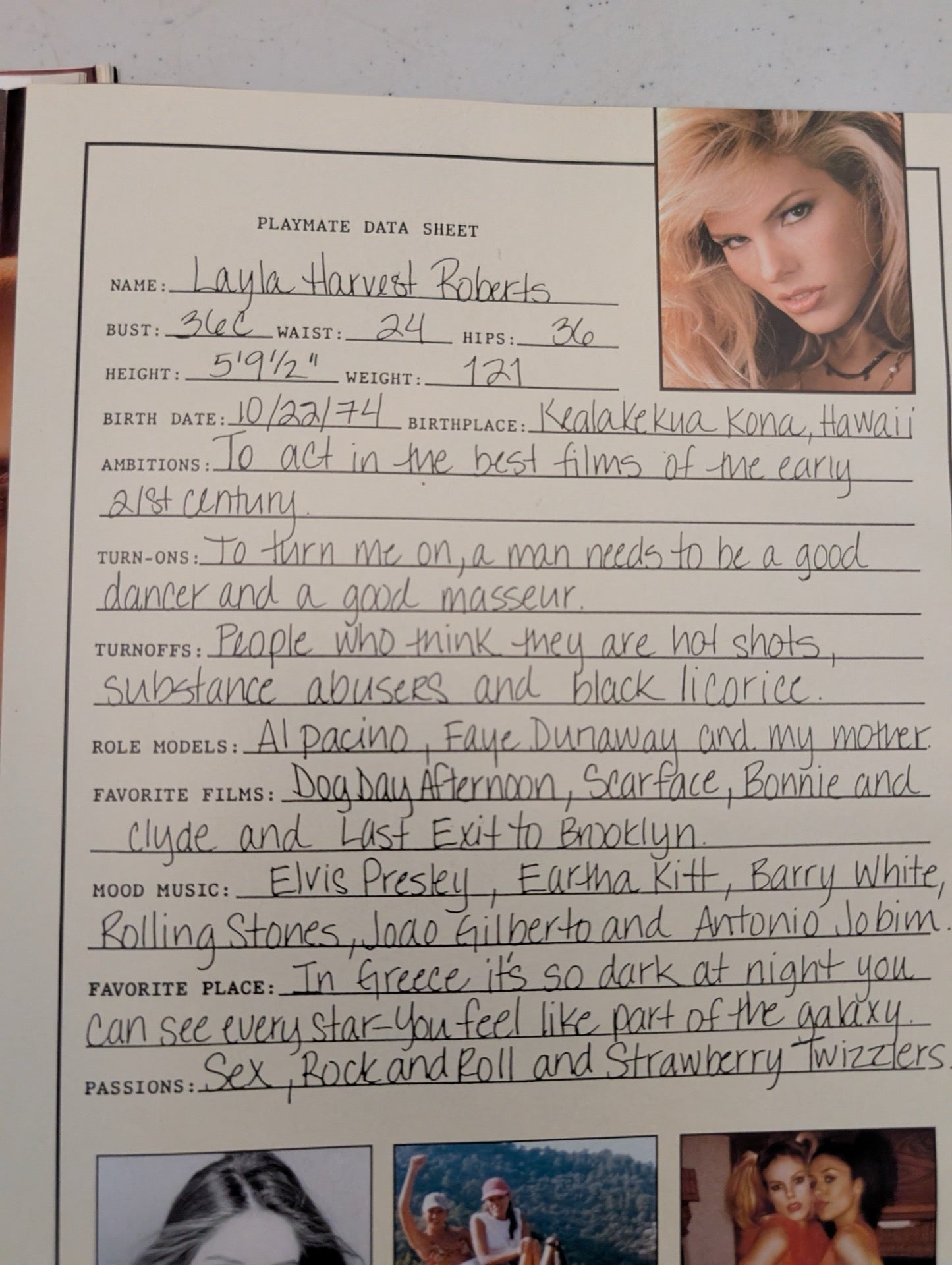 Playmate data sheet for Layla Harvest Roberts