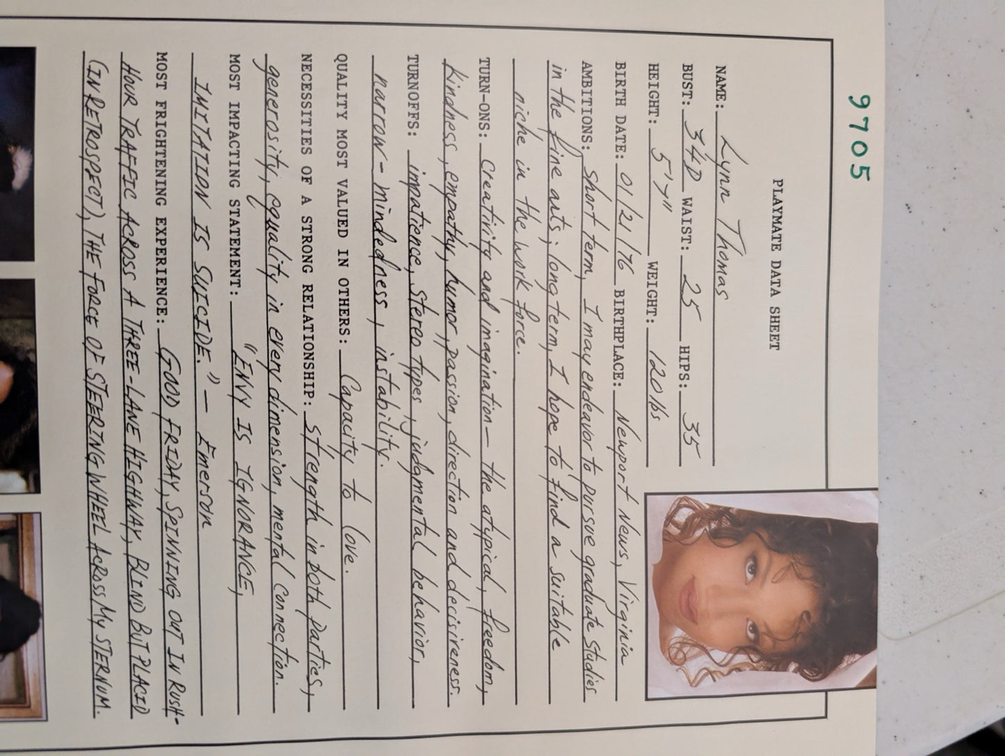 May 1997 Playboy Playmate Data Sheet Lynn Thomas