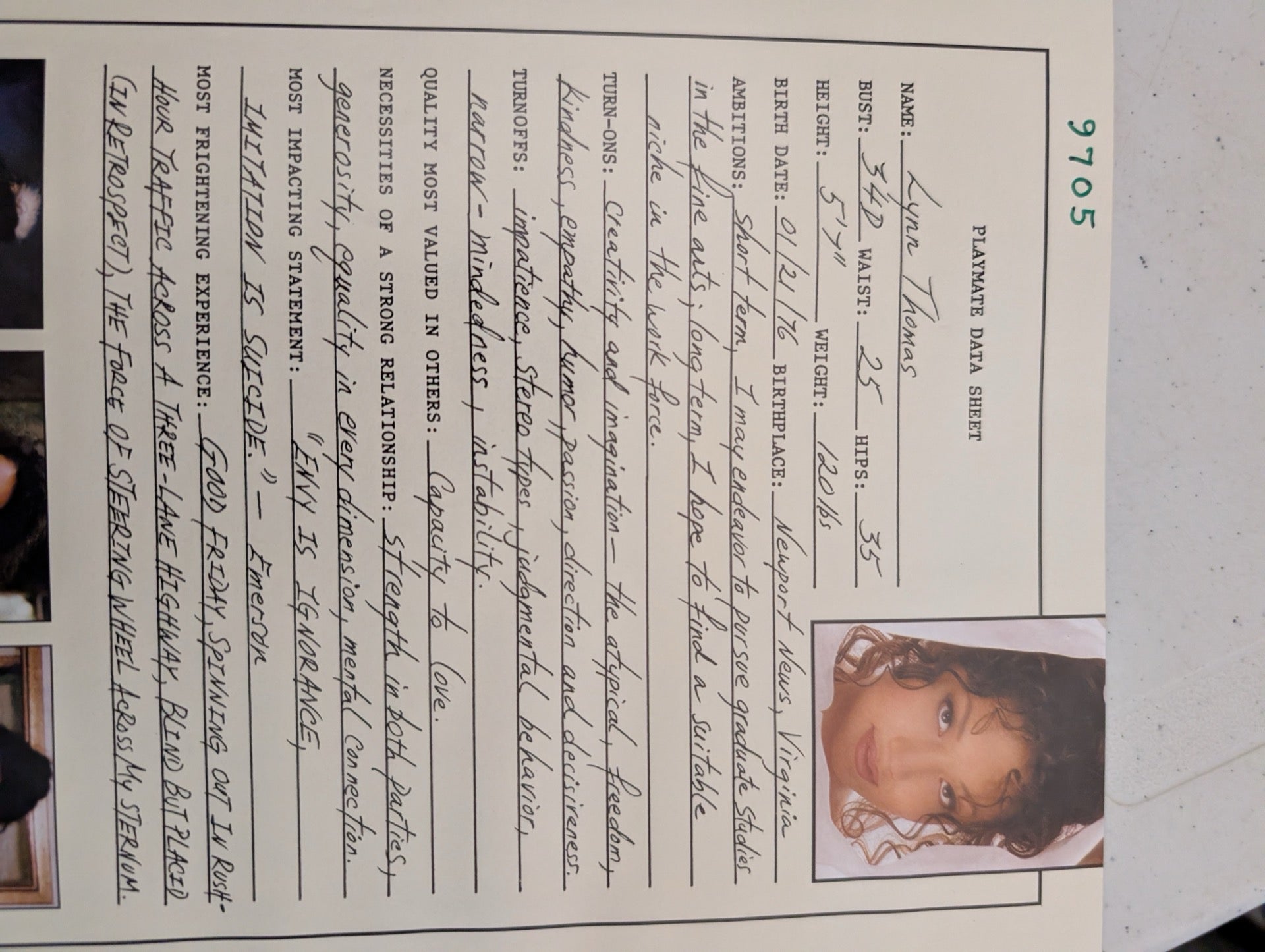 May 1997 Playboy Playmate Data Sheet Lynn Thomas