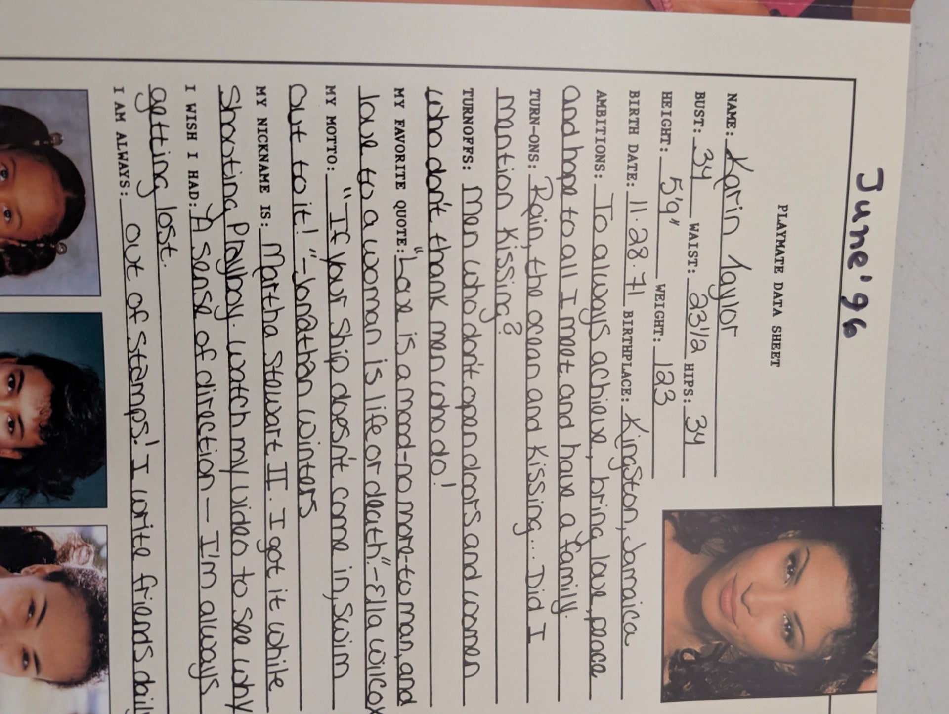 June 1996 Playboy Playmate Data Sheet Karin Taylor