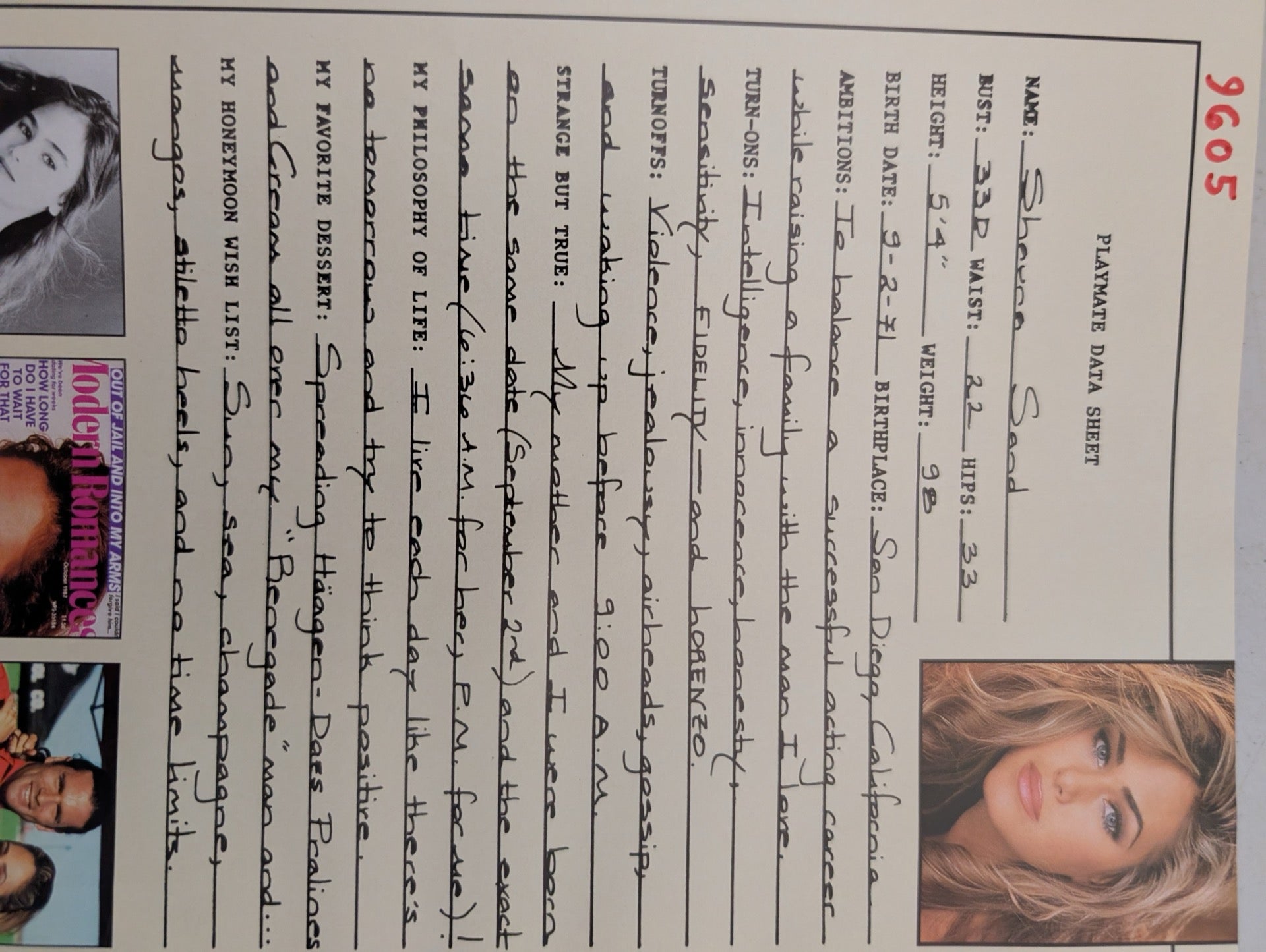 May 1996 Playboy Playmate Data Sheet Shauna Sand