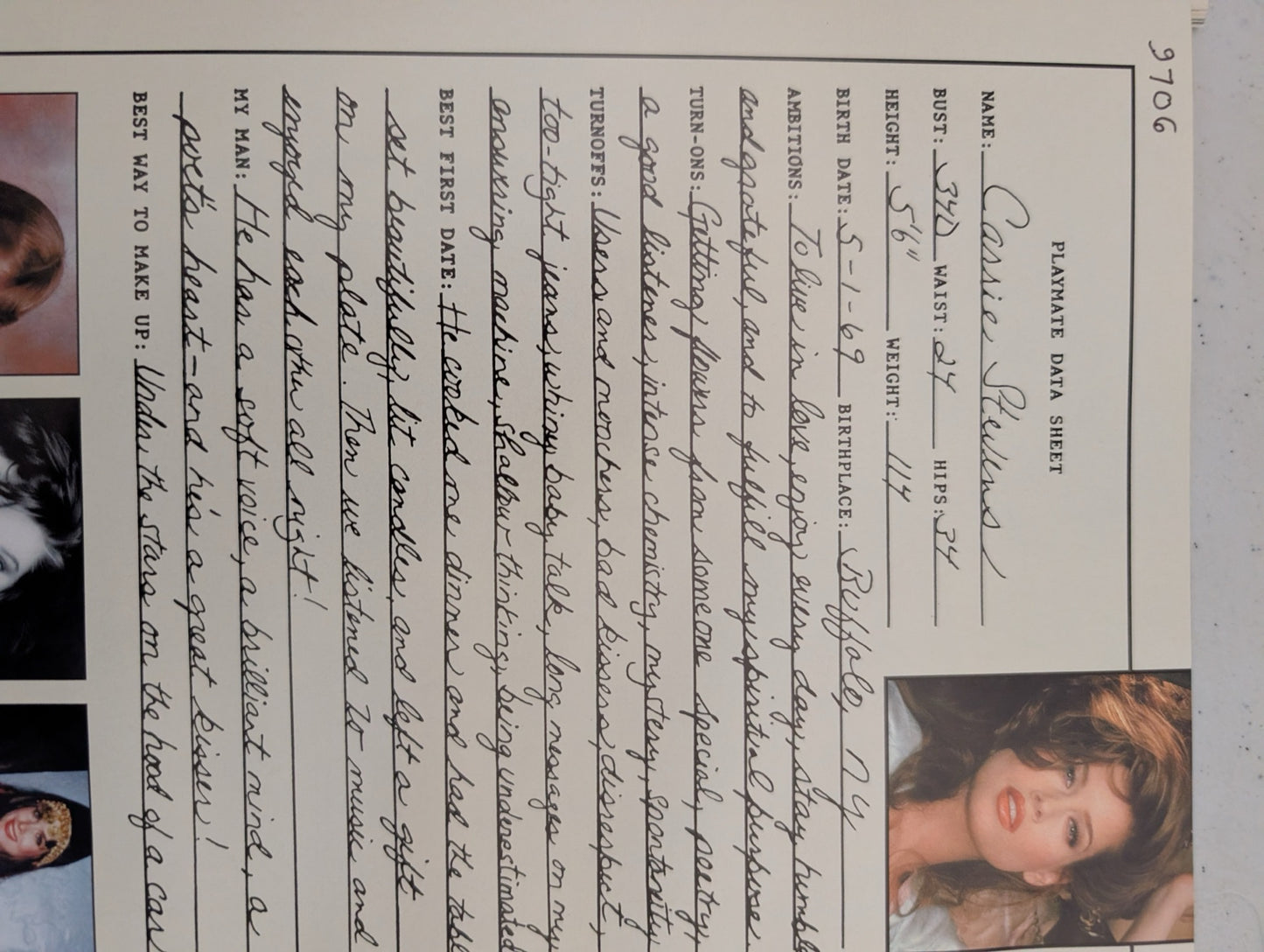 June 1997 Playboy Playmate Data Sheet Cassie Stevens