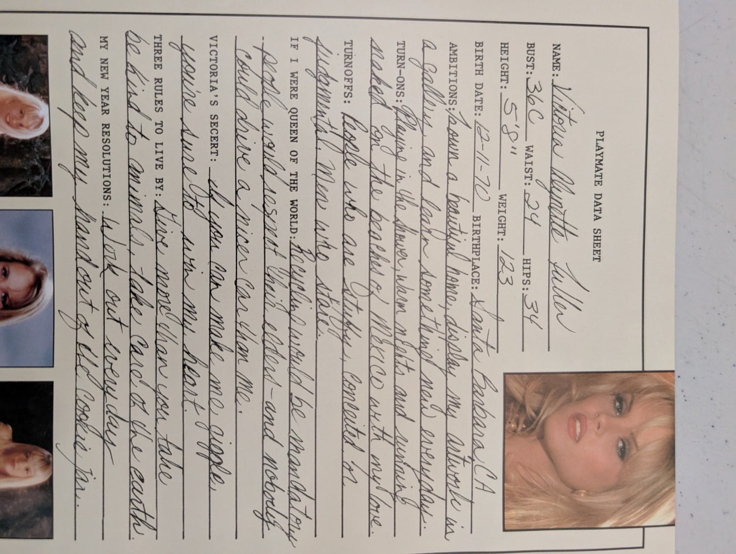 January 1996 Playboy Playmate Data Sheet Victoria Fuller