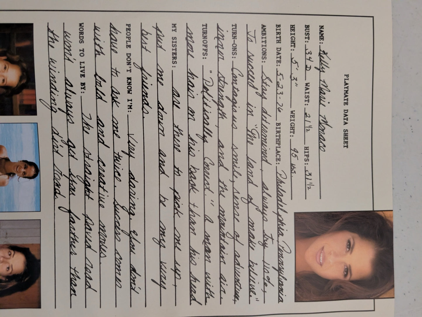 April 1997 Playboy Playmate Data Sheet Kelly Monaco
