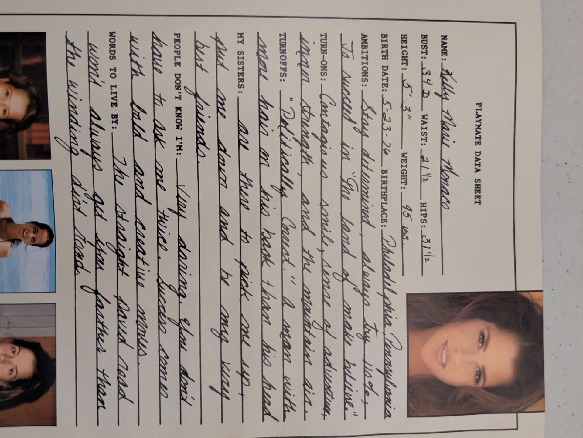 April 1997 Playboy Playmate Data Sheet Kelly Monaco