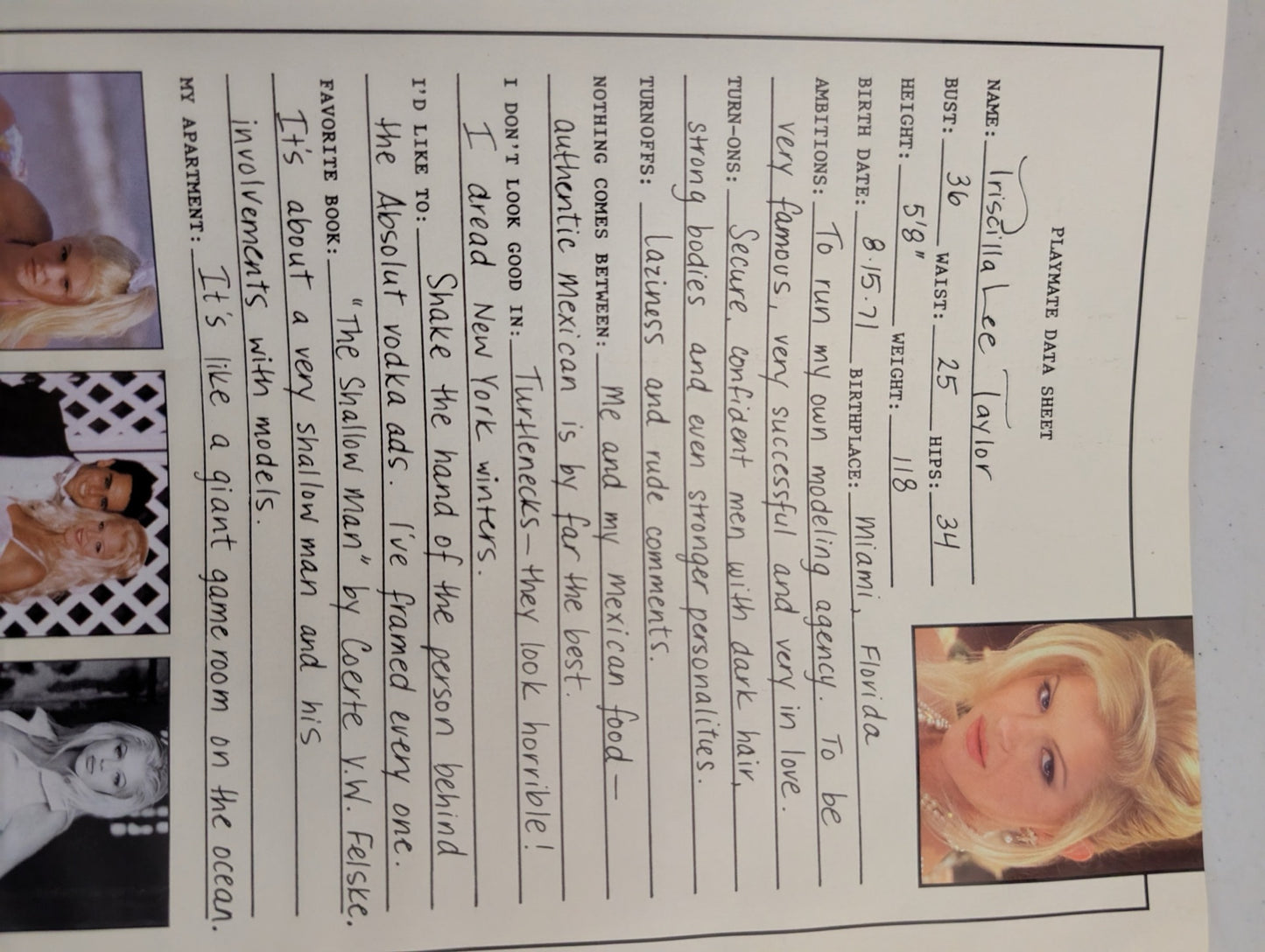 Priscilla Lee Taylor data sheet inside magazine