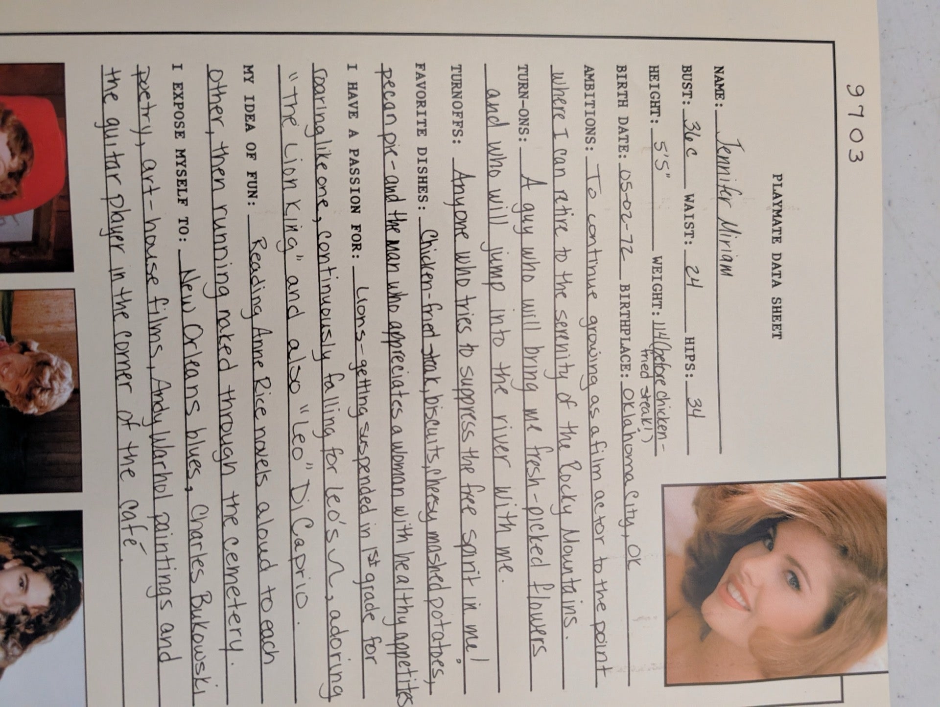 Jennifer Miriam data sheet inside magazine
