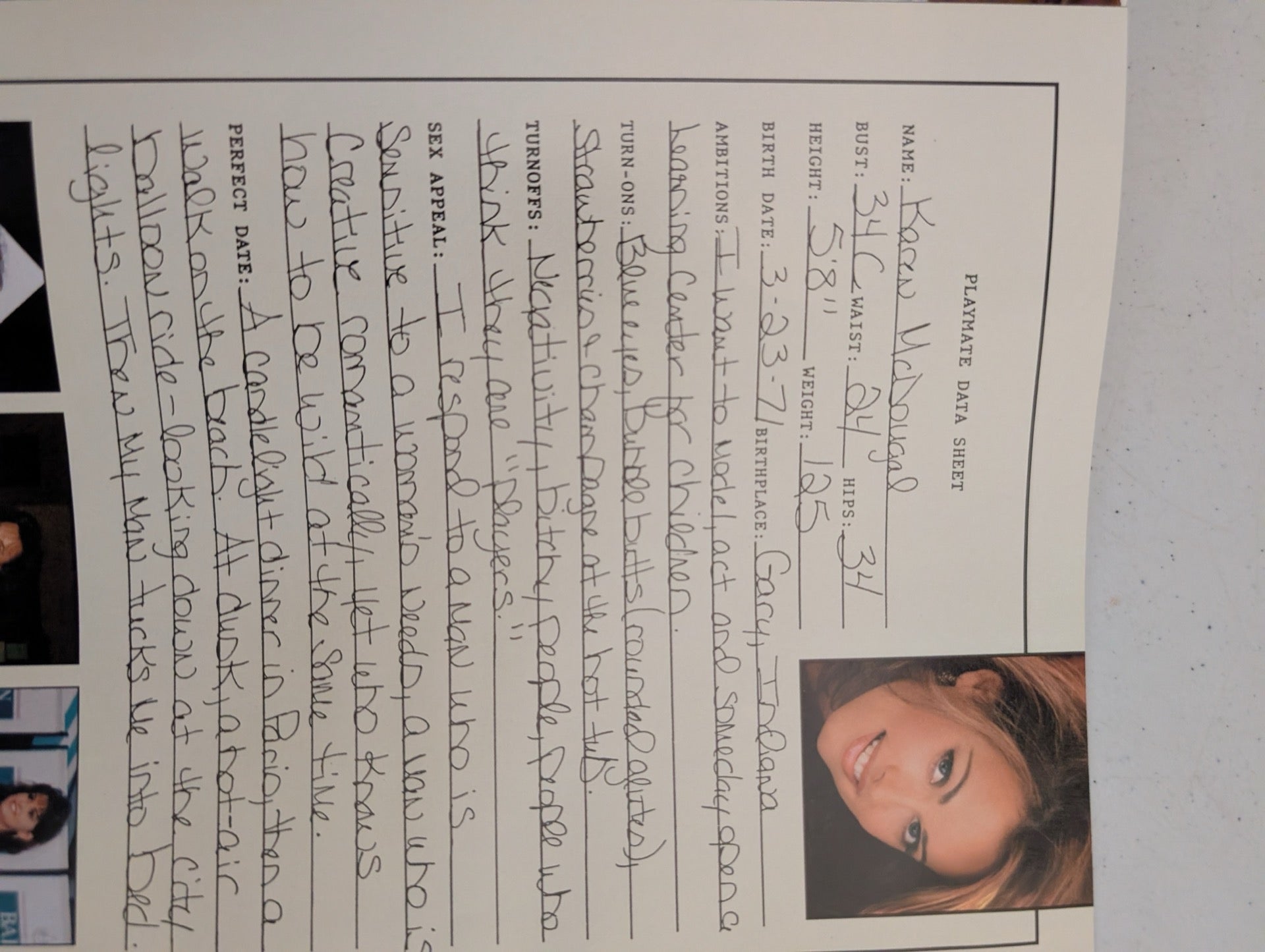 Karen McDougal data sheet inside magazine